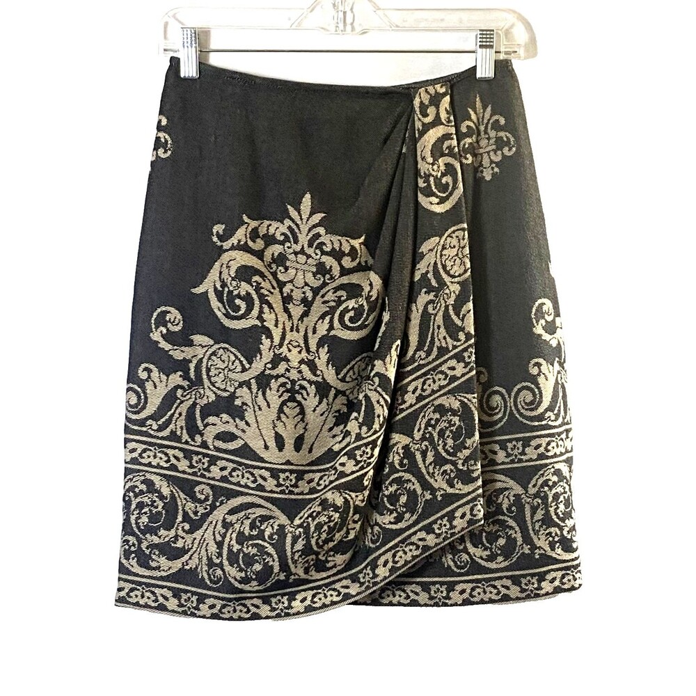 Emanuel Ungaro Damask Faux Wrap Skirt Women Size 6 Multicolor Vintage Lined Read